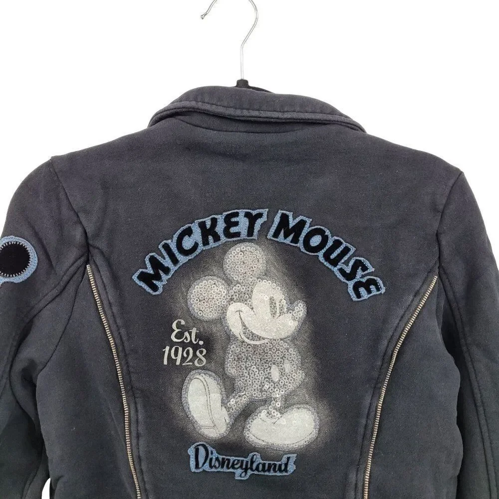 Disney Parks Disneyland Moto Jacket Sweatshirt M Black Sequined Mickey‎ 3D Zip